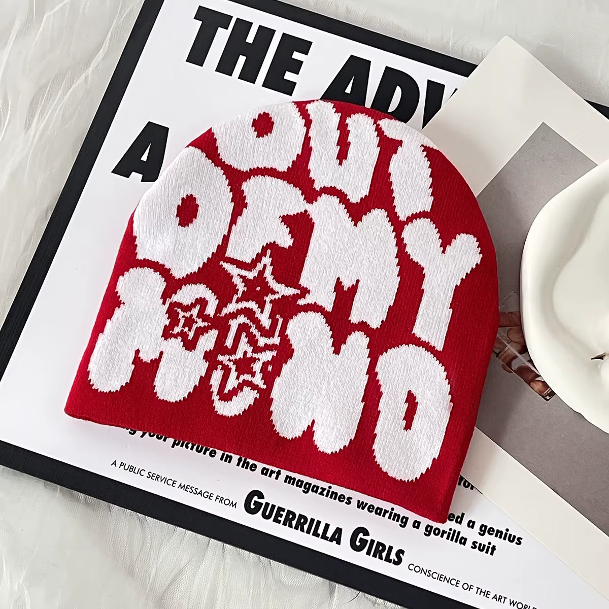 RED + WHITE "OUT OF MY MIND" KNIT BEANIE (LIMITED EDITION)